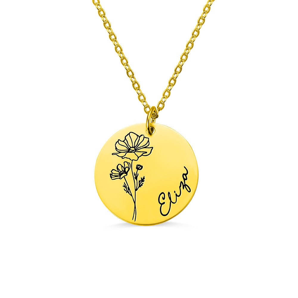 Collier Disque Fleur de Naissance Personnalisé en Argent 925 | Cadeau Unique & Gravé Necklace - KAWAII FAVIE