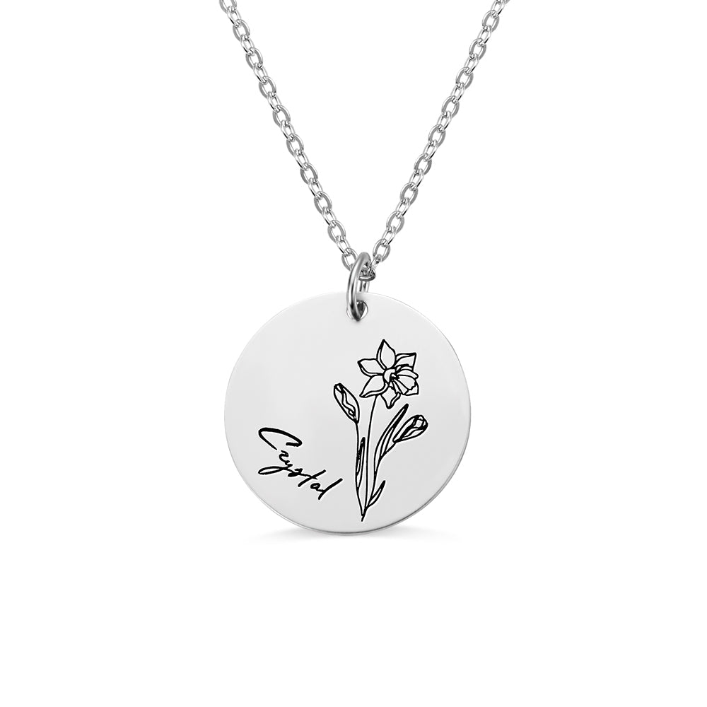 Collier Disque Fleur de Naissance Personnalisé en Argent 925 | Cadeau Unique & Gravé Necklace - KAWAII FAVIE