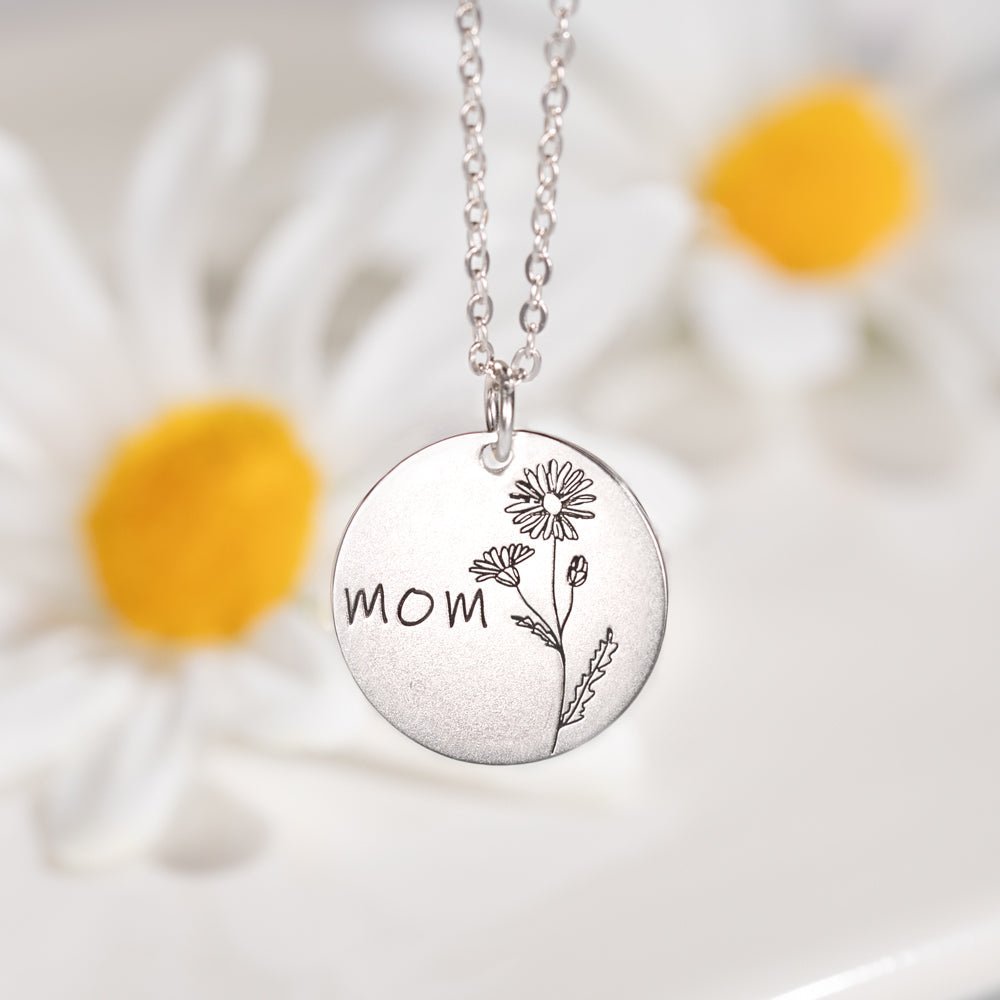 Collier Disque Fleur de Naissance Personnalisé en Argent 925 | Cadeau Unique & Gravé Necklace - KAWAII FAVIE