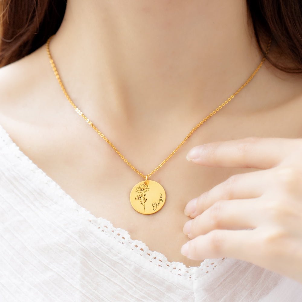 Collier Disque Fleur de Naissance Personnalisé en Argent 925 | Cadeau Unique & Gravé Necklace - KAWAII FAVIE