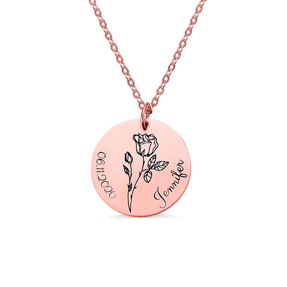 Collier Disque Fleur de Naissance Personnalisé en Argent 925 | Cadeau Unique & Gravé Necklace - KAWAII FAVIE