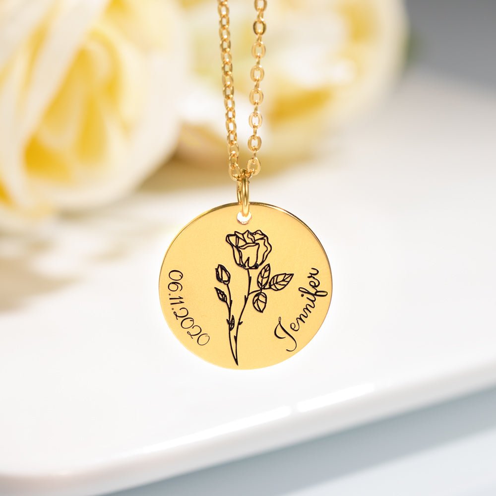 Collier Disque Fleur de Naissance Personnalisé en Argent 925 | Cadeau Unique & Gravé Necklace - KAWAII FAVIE