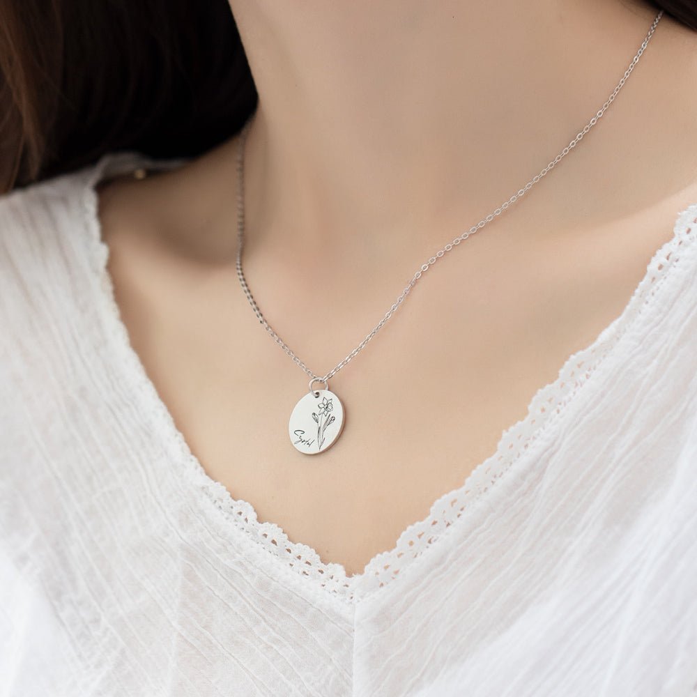Collier Disque Fleur de Naissance Personnalisé en Argent 925 | Cadeau Unique & Gravé Necklace - KAWAII FAVIE
