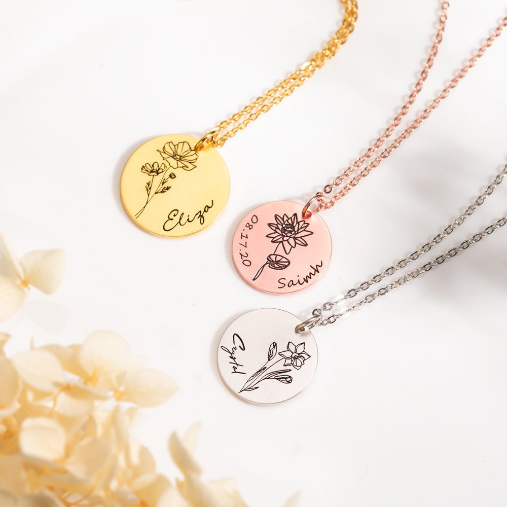 Collier Disque Fleur de Naissance Personnalisé en Argent 925 | Cadeau Unique & Gravé Necklace - KAWAII FAVIE