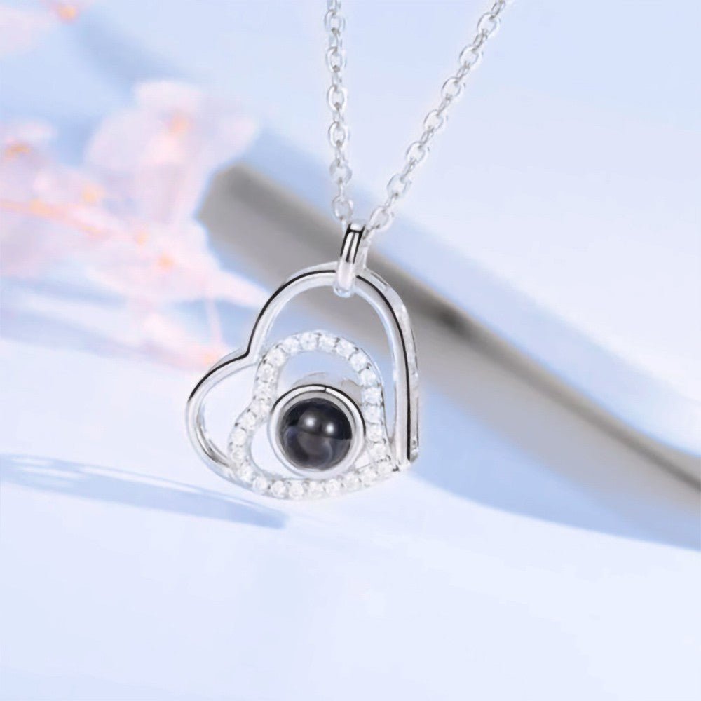 Collier Double Cœur Projection Photo en Argent 925 | Pendentif Mémoire Personnalisable - Cadeau d'Amour Unique Necklace - KAWAII FAVIE