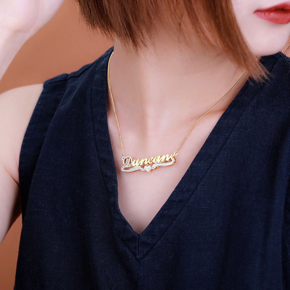 Collier Nom Personnalisé à Double Plaque en Or | Gravure Unique avec Cœur - Cadeau Élégant Intemporel Necklace - KAWAII FAVIE