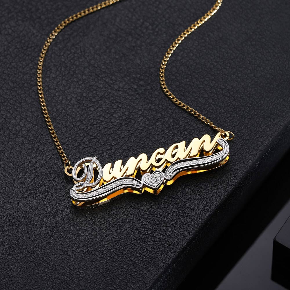 Collier Nom Personnalisé à Double Plaque en Or | Gravure Unique avec Cœur - Cadeau Élégant Intemporel Necklace - KAWAII FAVIE