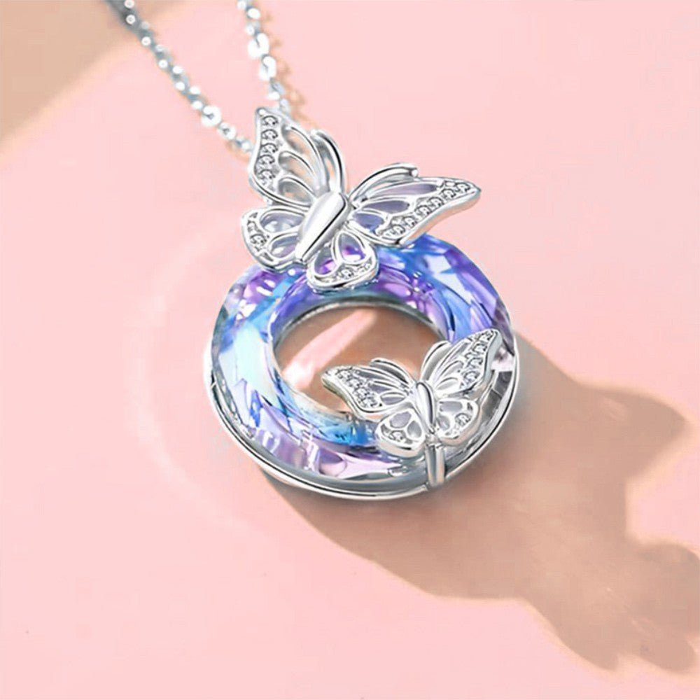 Collier « Papillon de Cristal » en Argent Sterling 925 | Pendentif Cercle Creux - Bijou Cadeau Élégant pour Elle Necklace - KAWAII FAVIE