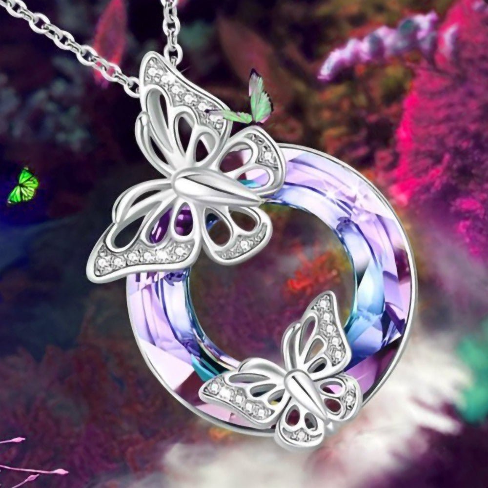 Collier « Papillon de Cristal » en Argent Sterling 925 | Pendentif Cercle Creux - Bijou Cadeau Élégant pour Elle Necklace - KAWAII FAVIE