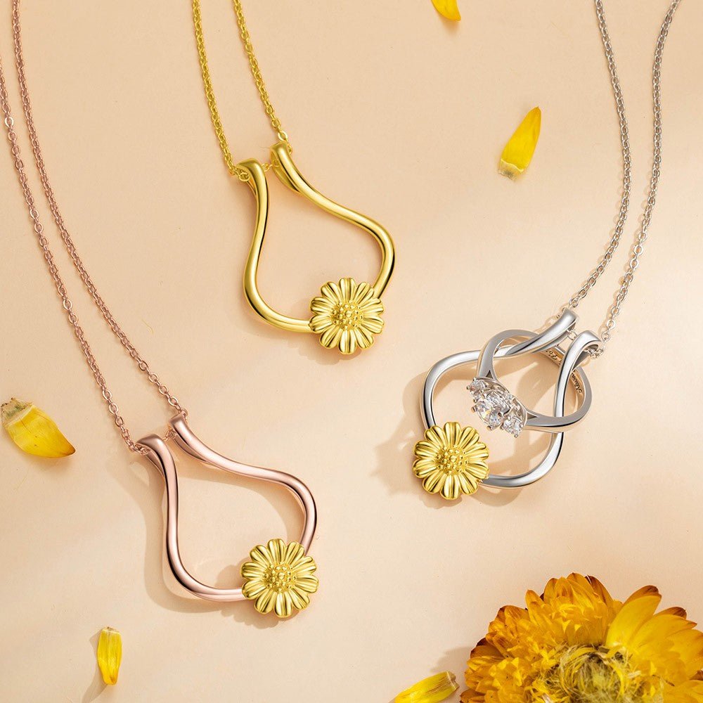 Collier Porte - Bague Tournesol en Argent Sterling 925 | Porte - Alliance pour Fiançailles/Mariage - Cadeau pour Femme Necklace - KAWAII FAVIE