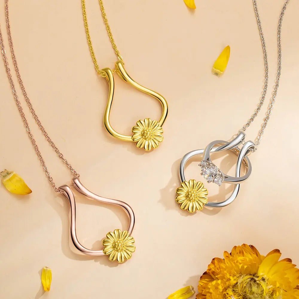 Collier Porte - Bague Tournesol en Argent Sterling 925 | Porte - Alliance pour Fiançailles/Mariage - Cadeau pour Femme Necklace - KAWAII FAVIE
