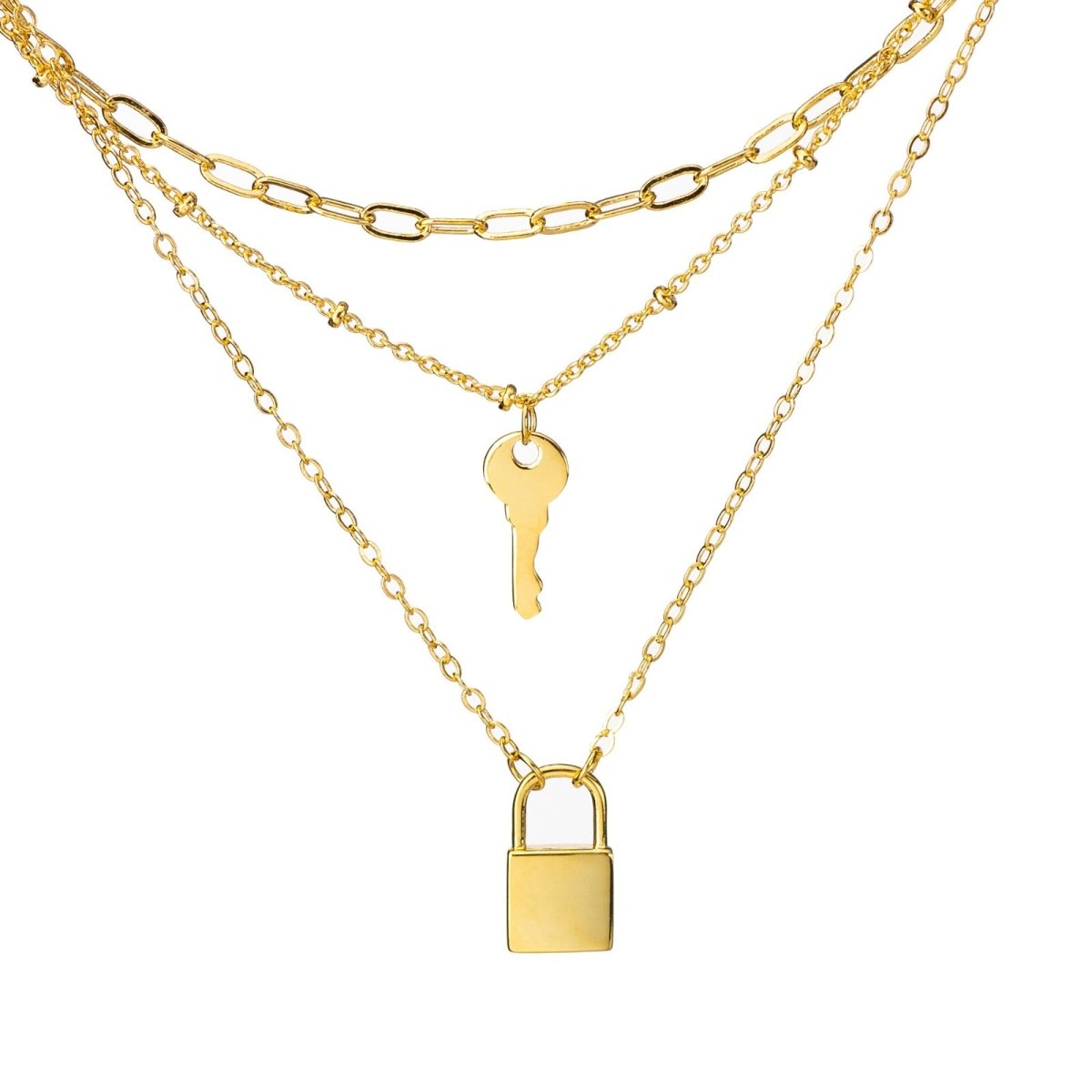 Collier « Secret Partagé » à 3 Rangs | Cadenas & Clé en Laiton Doré/Platiné - Cadeau pour Elle, Mère, Amie Necklace - KAWAII FAVIE
