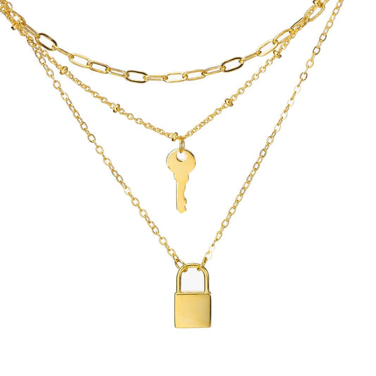 Collier « Secret Partagé » à 3 Rangs | Cadenas & Clé en Laiton Doré/Platiné - Cadeau pour Elle, Mère, Amie Necklace - KAWAII FAVIE