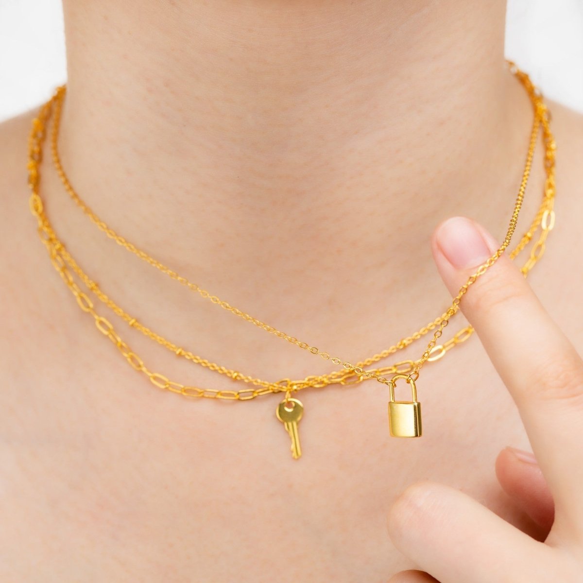 Collier « Secret Partagé » à 3 Rangs | Cadenas & Clé en Laiton Doré/Platiné - Cadeau pour Elle, Mère, Amie Necklace - KAWAII FAVIE