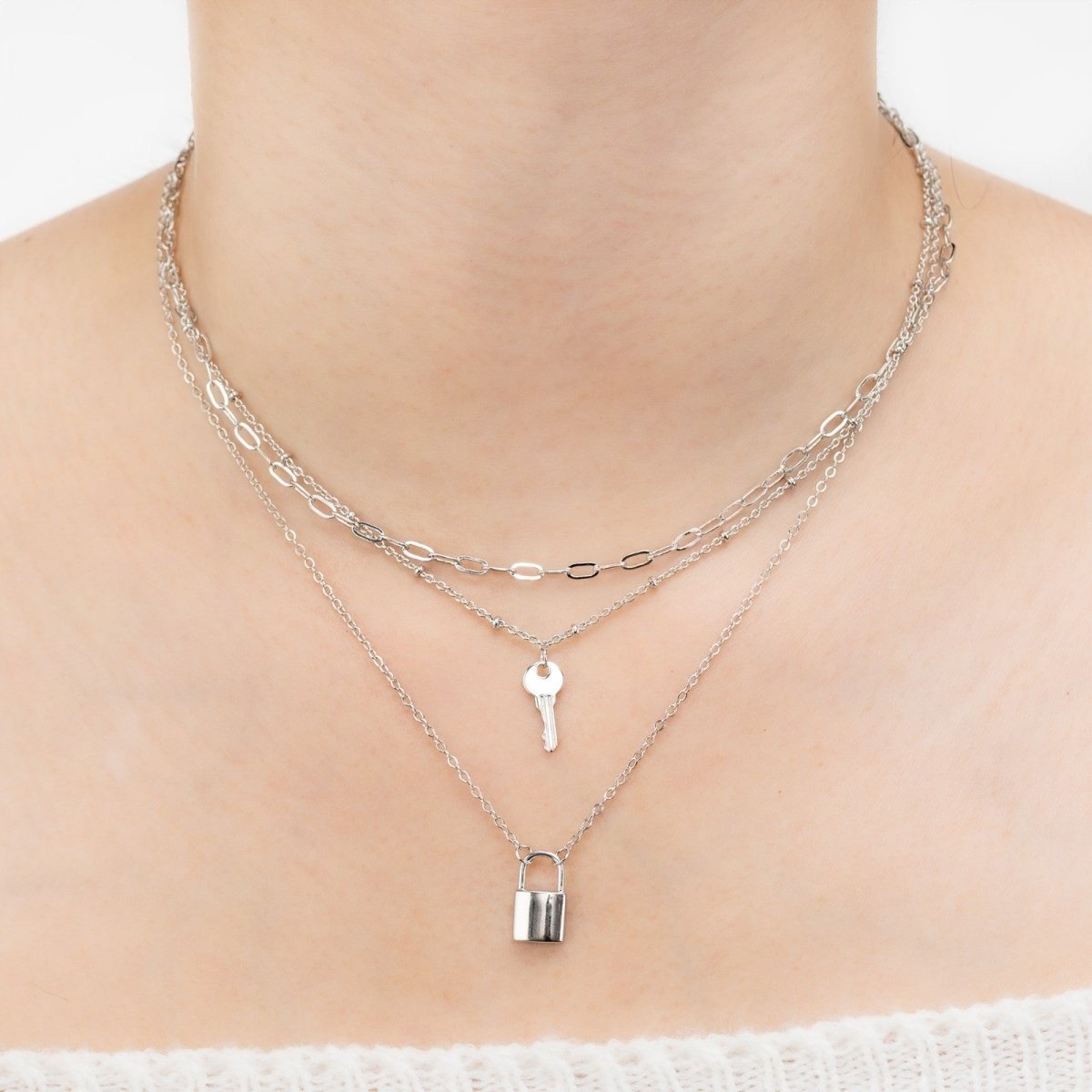 Collier « Secret Partagé » à 3 Rangs | Cadenas & Clé en Laiton Doré/Platiné - Cadeau pour Elle, Mère, Amie Necklace - KAWAII FAVIE
