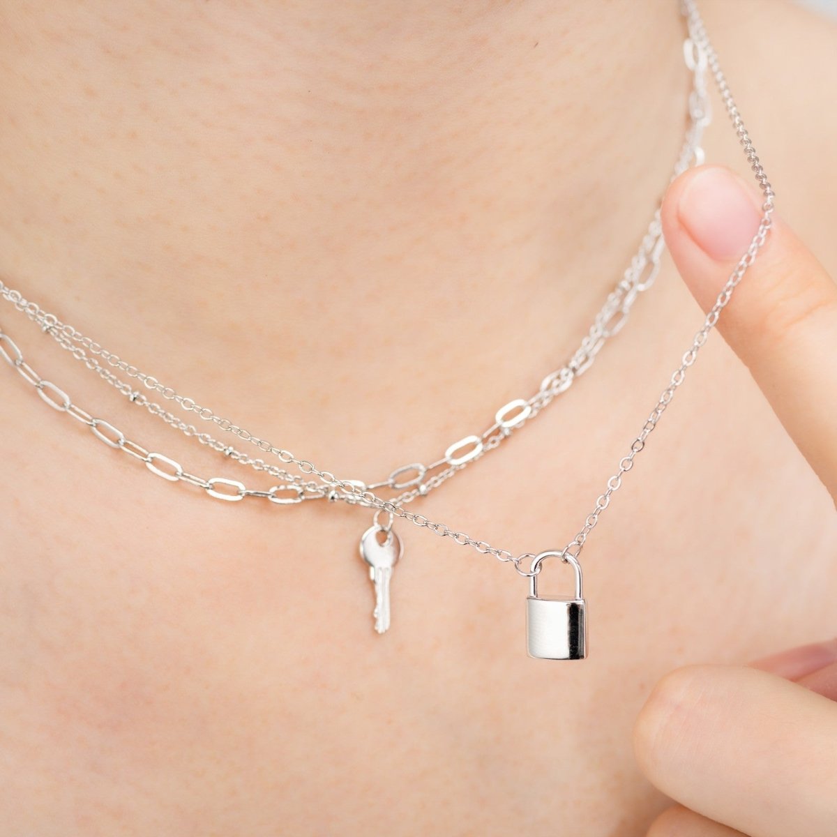 Collier « Secret Partagé » à 3 Rangs | Cadenas & Clé en Laiton Doré/Platiné - Cadeau pour Elle, Mère, Amie Necklace - KAWAII FAVIE
