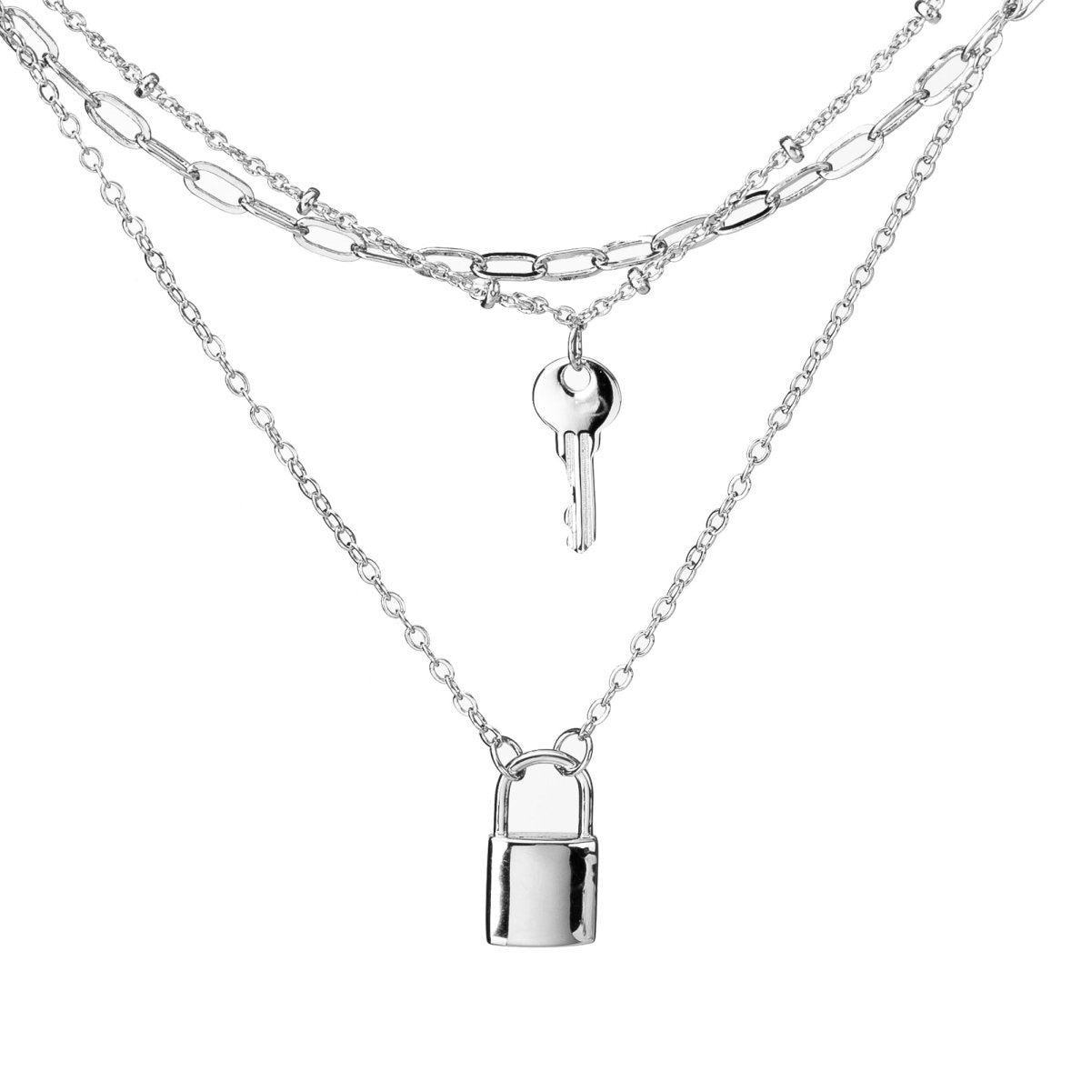 Collier « Secret Partagé » à 3 Rangs | Cadenas & Clé en Laiton Doré/Platiné - Cadeau pour Elle, Mère, Amie Necklace - KAWAII FAVIE