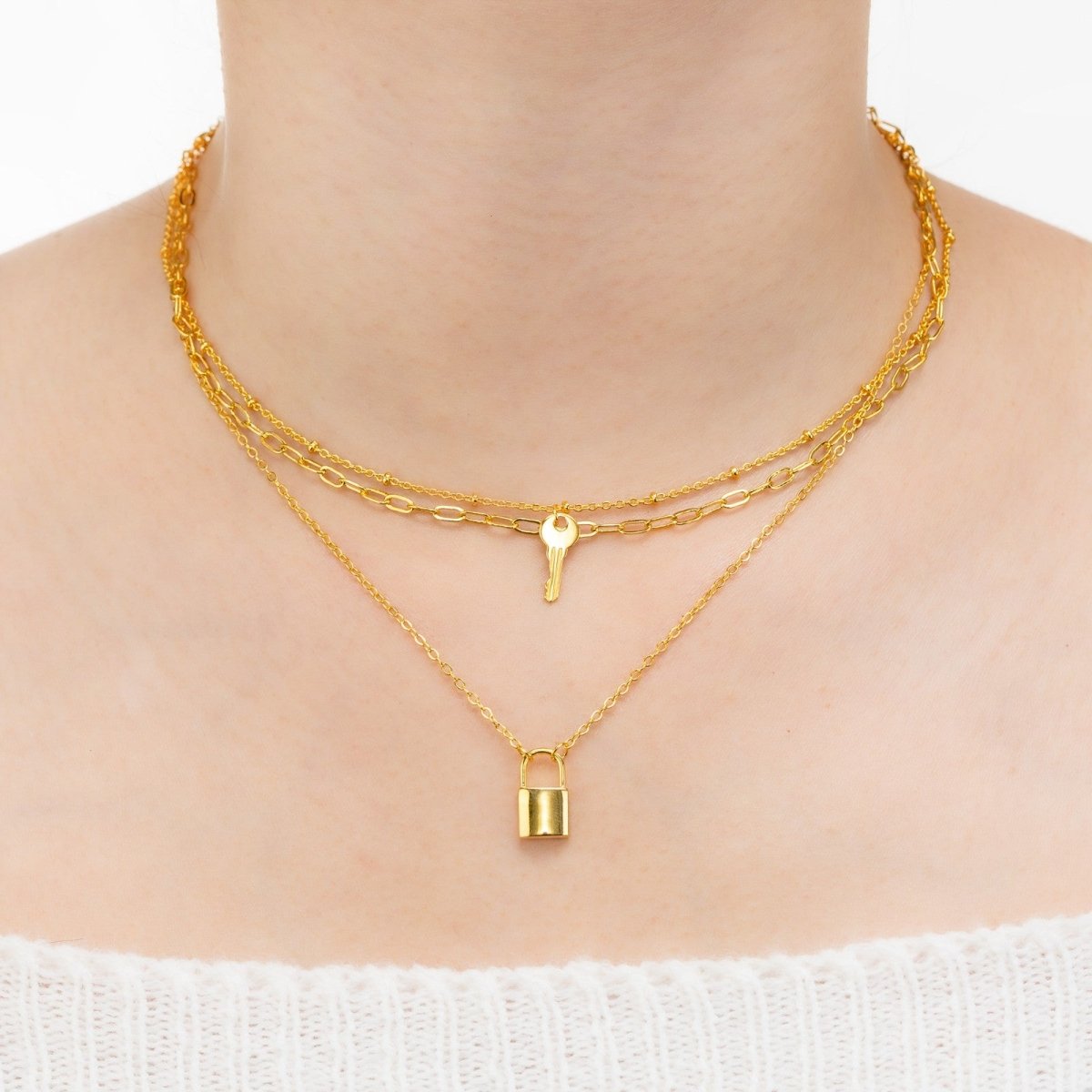 Collier « Secret Partagé » à 3 Rangs | Cadenas & Clé en Laiton Doré/Platiné - Cadeau pour Elle, Mère, Amie Necklace - KAWAII FAVIE
