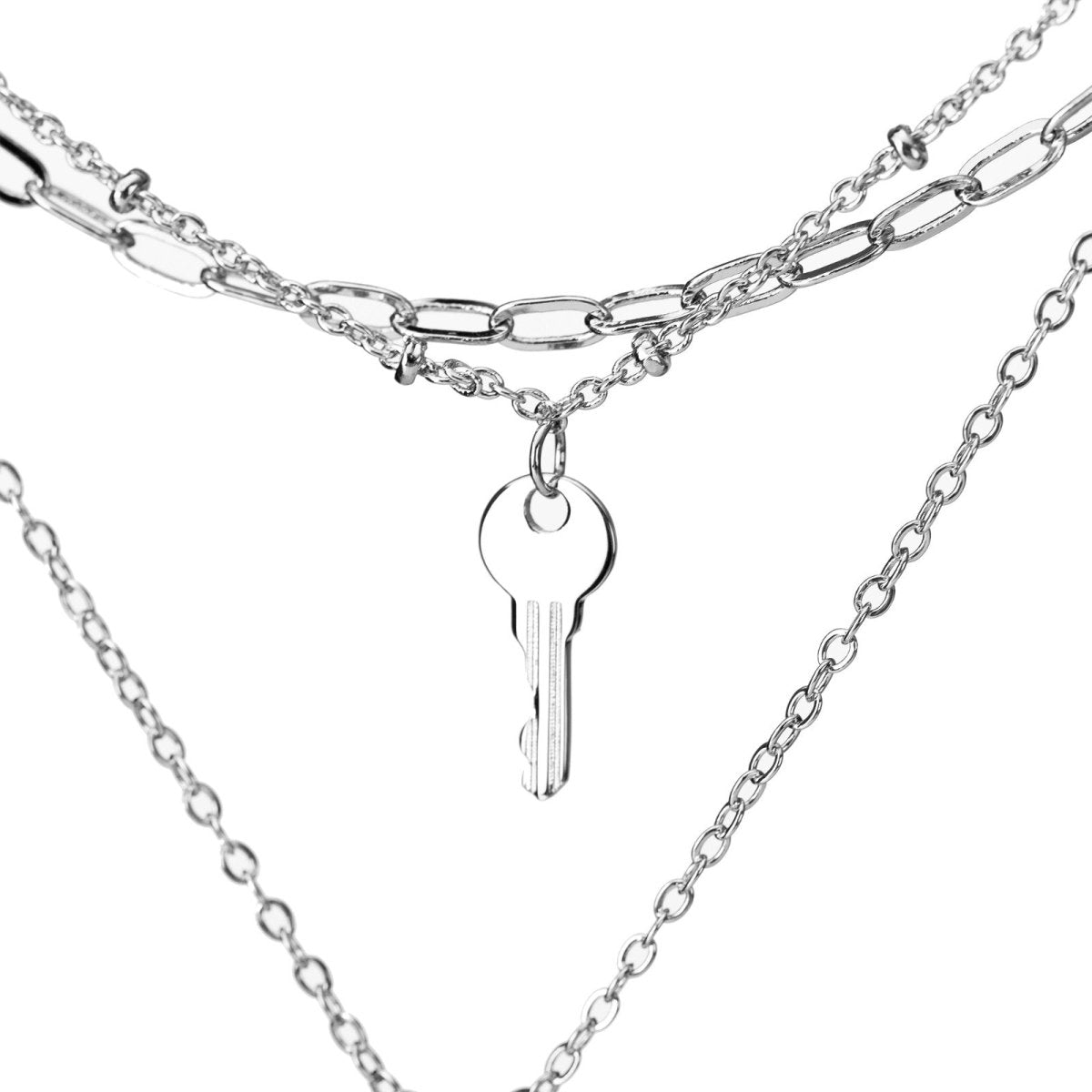 Collier « Secret Partagé » à 3 Rangs | Cadenas & Clé en Laiton Doré/Platiné - Cadeau pour Elle, Mère, Amie Necklace - KAWAII FAVIE
