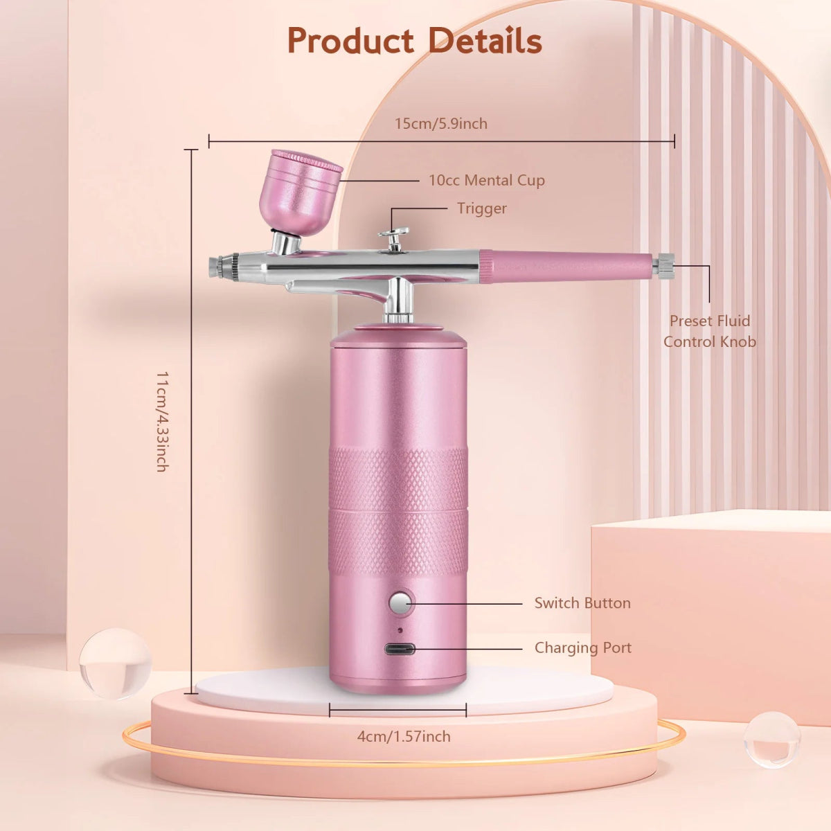 Ensemble Aérographe Sans Fil Rechargeable - Compresseur Portable Rose Métallisé pour Ongles, Maquillage, Modelage Aérographe - KAWAII FAVIE