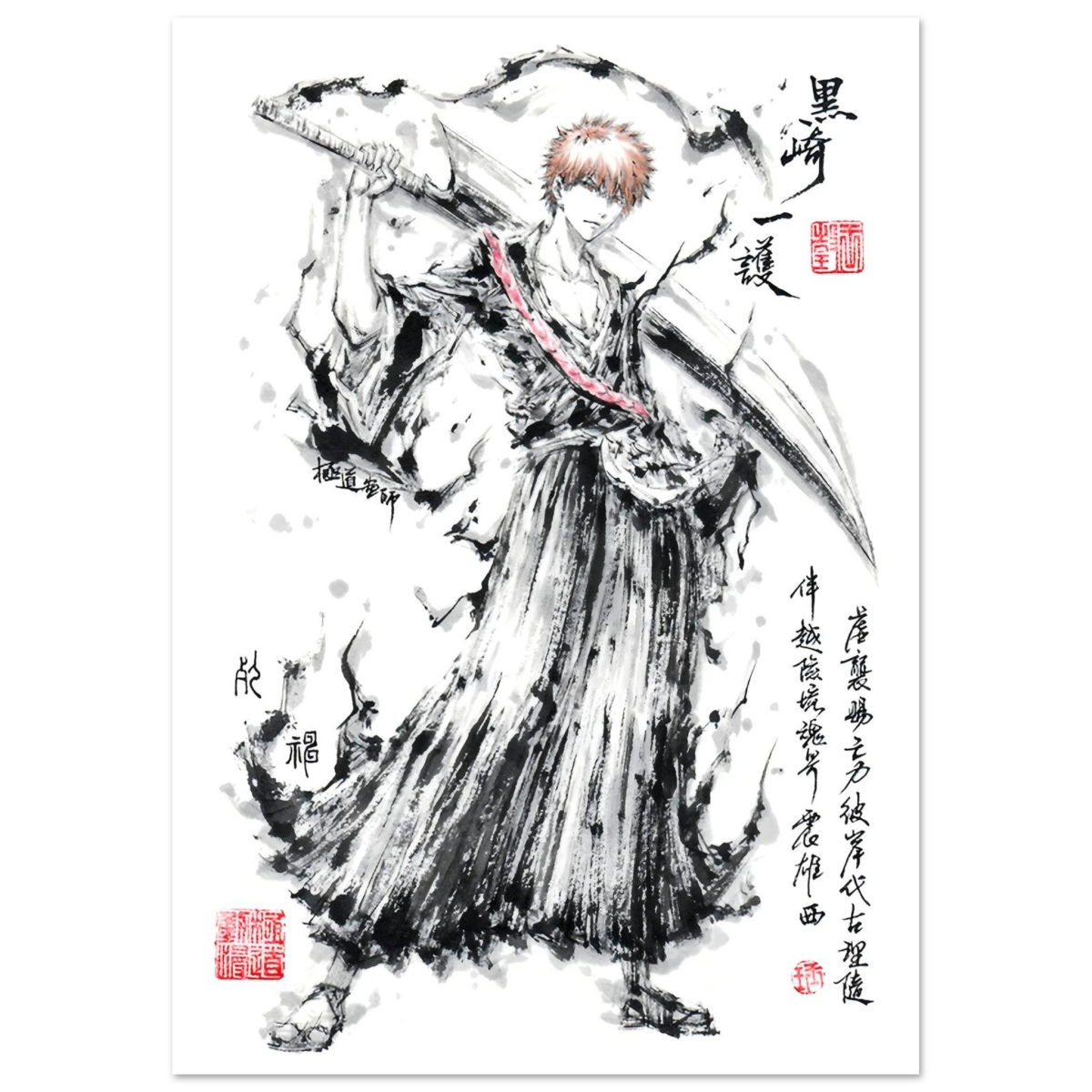 Ichigo Kurosaki Sumi-e Poster - BLEACH Art - Papier Mat POSTER CADRE- KAWAII FAVIE