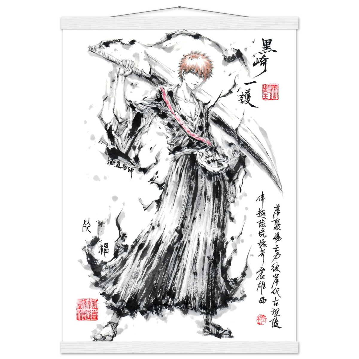 Ichigo Kurosaki Sumi-e Poster - BLEACH Art - Avec Baguettes De Suspension POSTER CADRE- KAWAII FAVIE