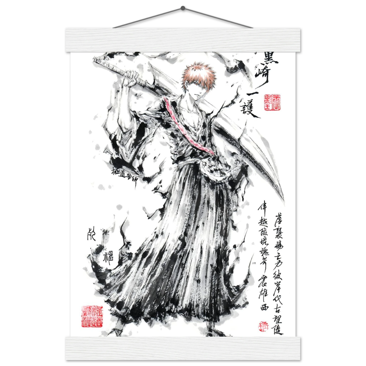 Ichigo Kurosaki Sumi-e Poster - BLEACH Art - Avec Baguettes De Suspension POSTER CADRE- KAWAII FAVIE