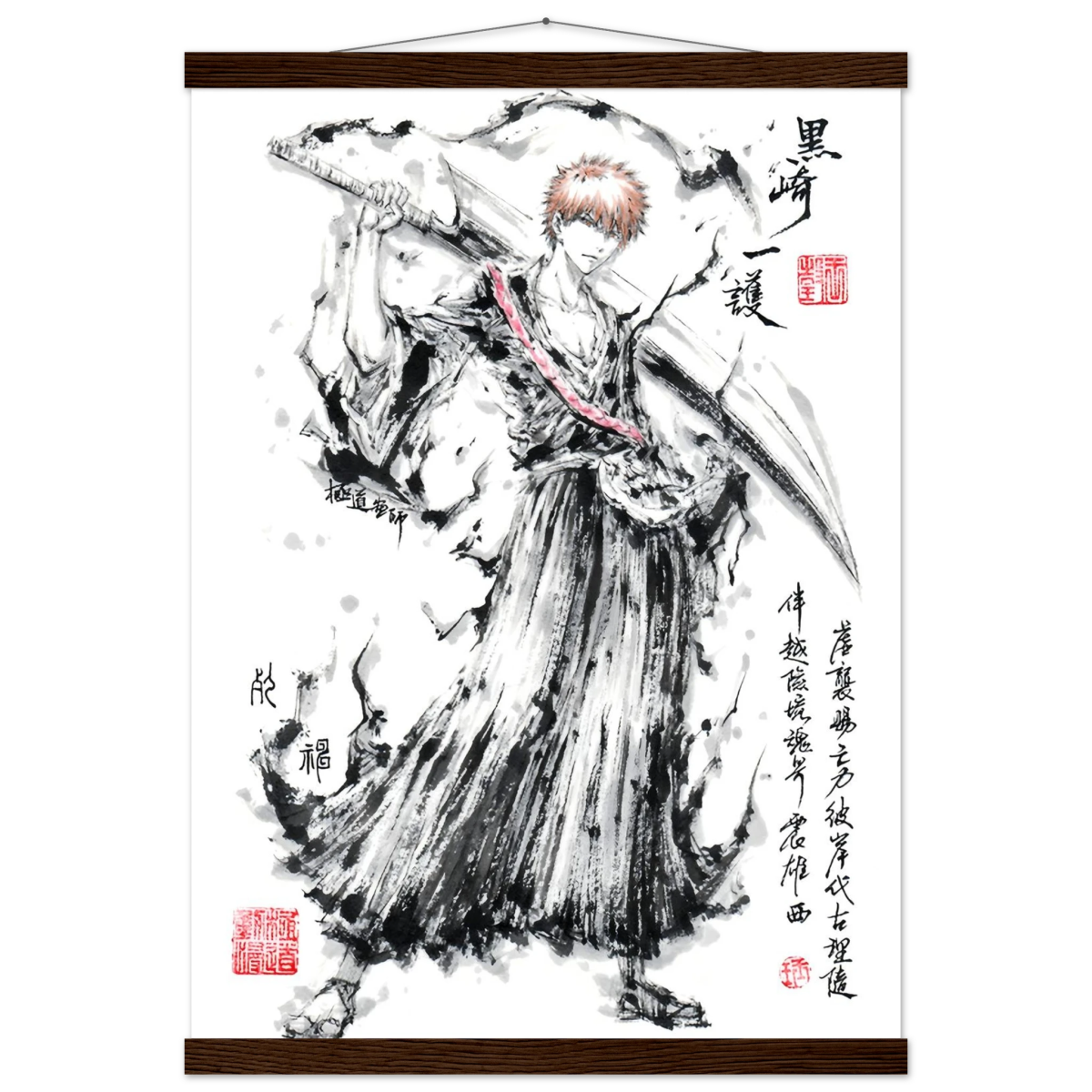 Ichigo Kurosaki Sumi-e Poster - BLEACH Art - Avec Baguettes De Suspension POSTER CADRE- KAWAII FAVIE