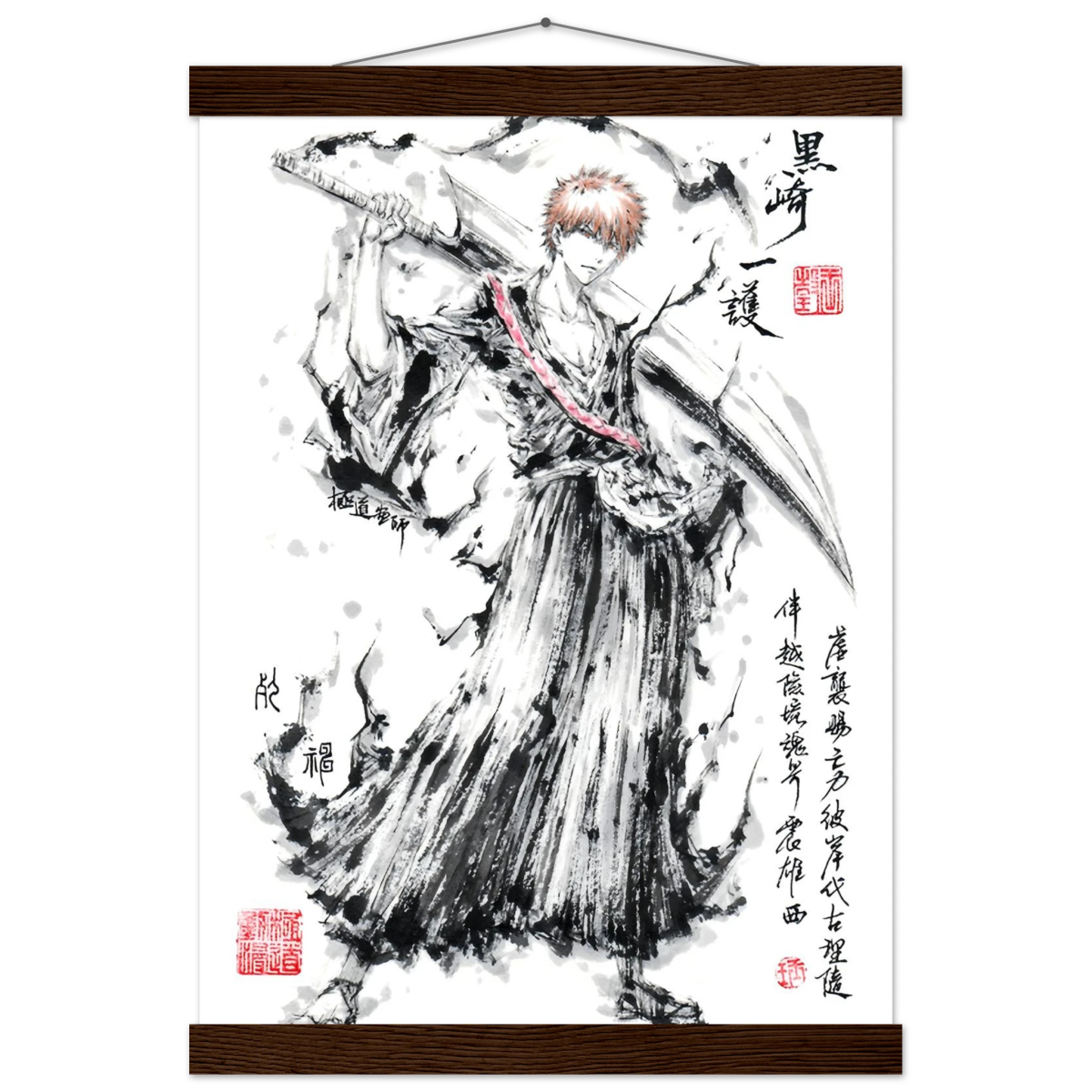 Ichigo Kurosaki Sumi-e Poster - BLEACH Art - Avec Baguettes De Suspension POSTER CADRE- KAWAII FAVIE