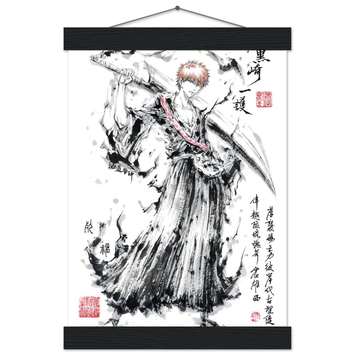 Ichigo Kurosaki Sumi-e Poster - BLEACH Art - Avec Baguettes De Suspension POSTER CADRE- KAWAII FAVIE