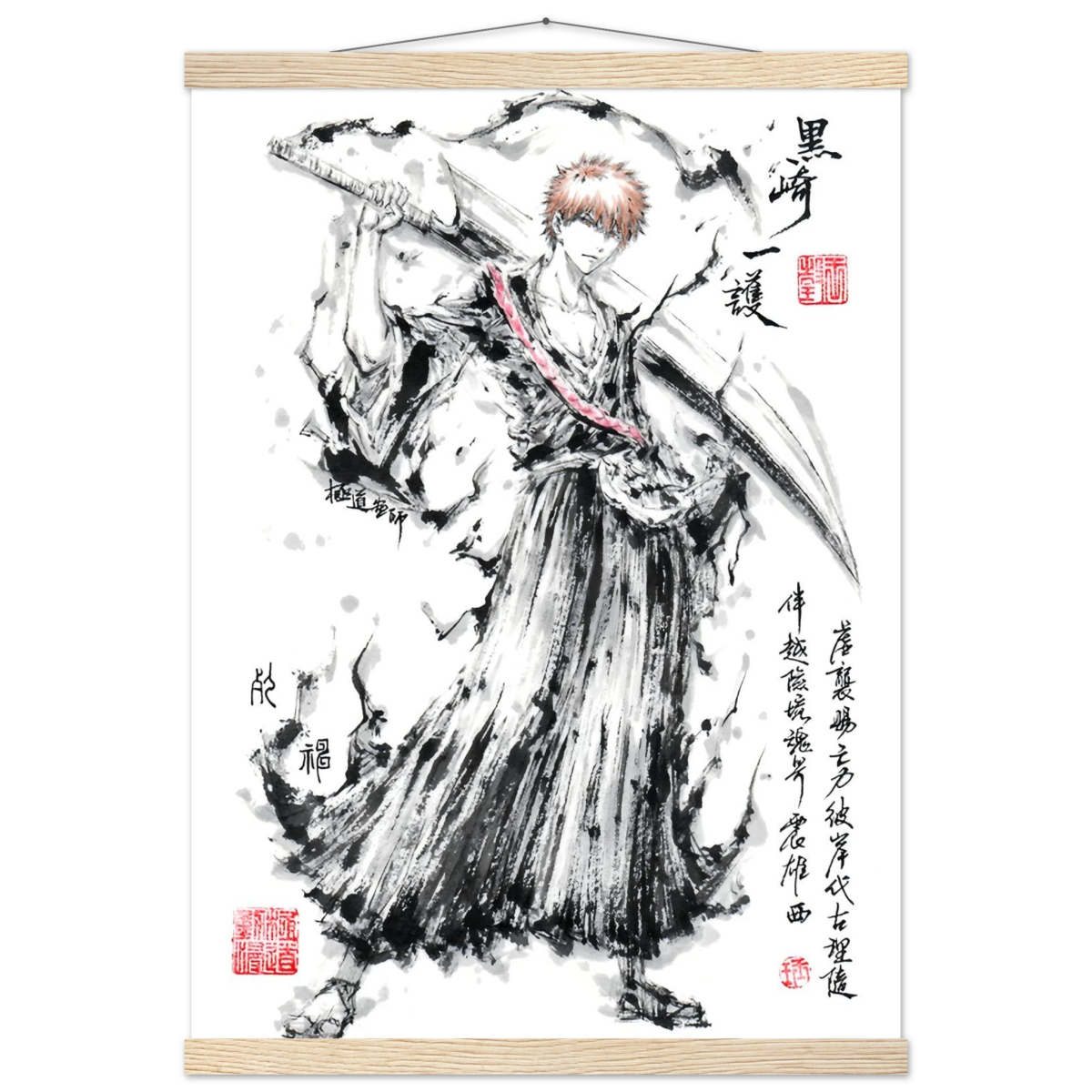 Ichigo Kurosaki Sumi-e Poster - BLEACH Art - Avec Baguettes De Suspension POSTER CADRE- KAWAII FAVIE