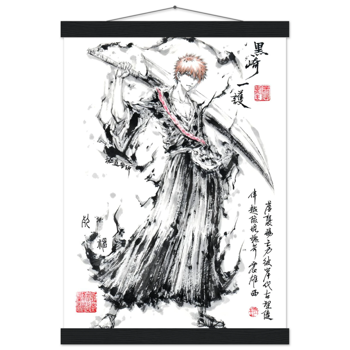 Ichigo Kurosaki Sumi-e Poster - BLEACH Art - Avec Baguettes De Suspension POSTER CADRE- KAWAII FAVIE