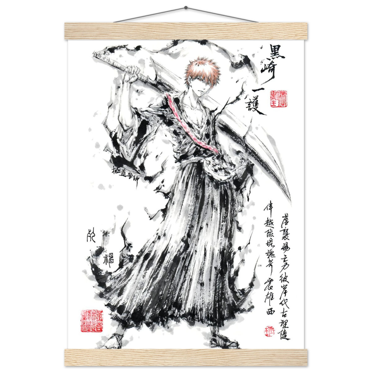 Ichigo Kurosaki Sumi-e Poster - BLEACH Art - Avec Baguettes De Suspension POSTER CADRE- KAWAII FAVIE