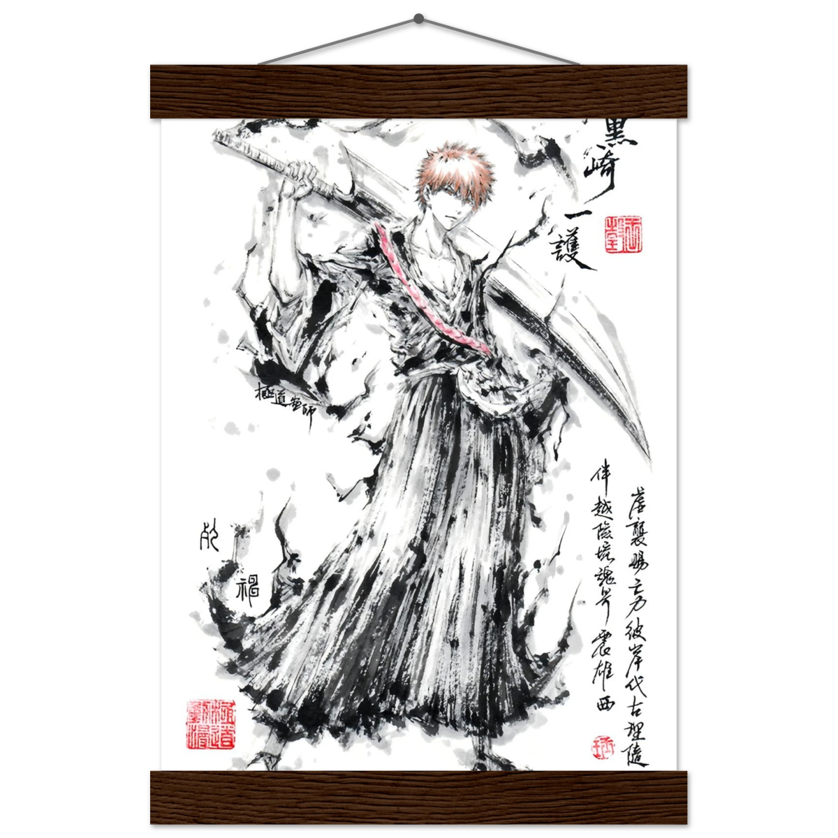 Ichigo Kurosaki Sumi-e Poster - BLEACH Art - Avec Baguettes De Suspension POSTER CADRE- KAWAII FAVIE