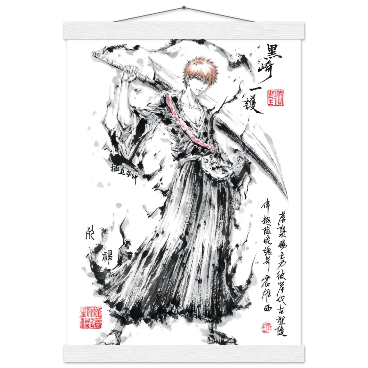 Ichigo Kurosaki Sumi-e Poster - BLEACH Art - Avec Baguettes De Suspension POSTER CADRE- KAWAII FAVIE