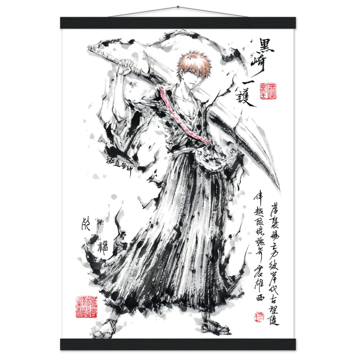Ichigo Kurosaki Sumi-e Poster - BLEACH Art - Avec Baguettes De Suspension POSTER CADRE- KAWAII FAVIE