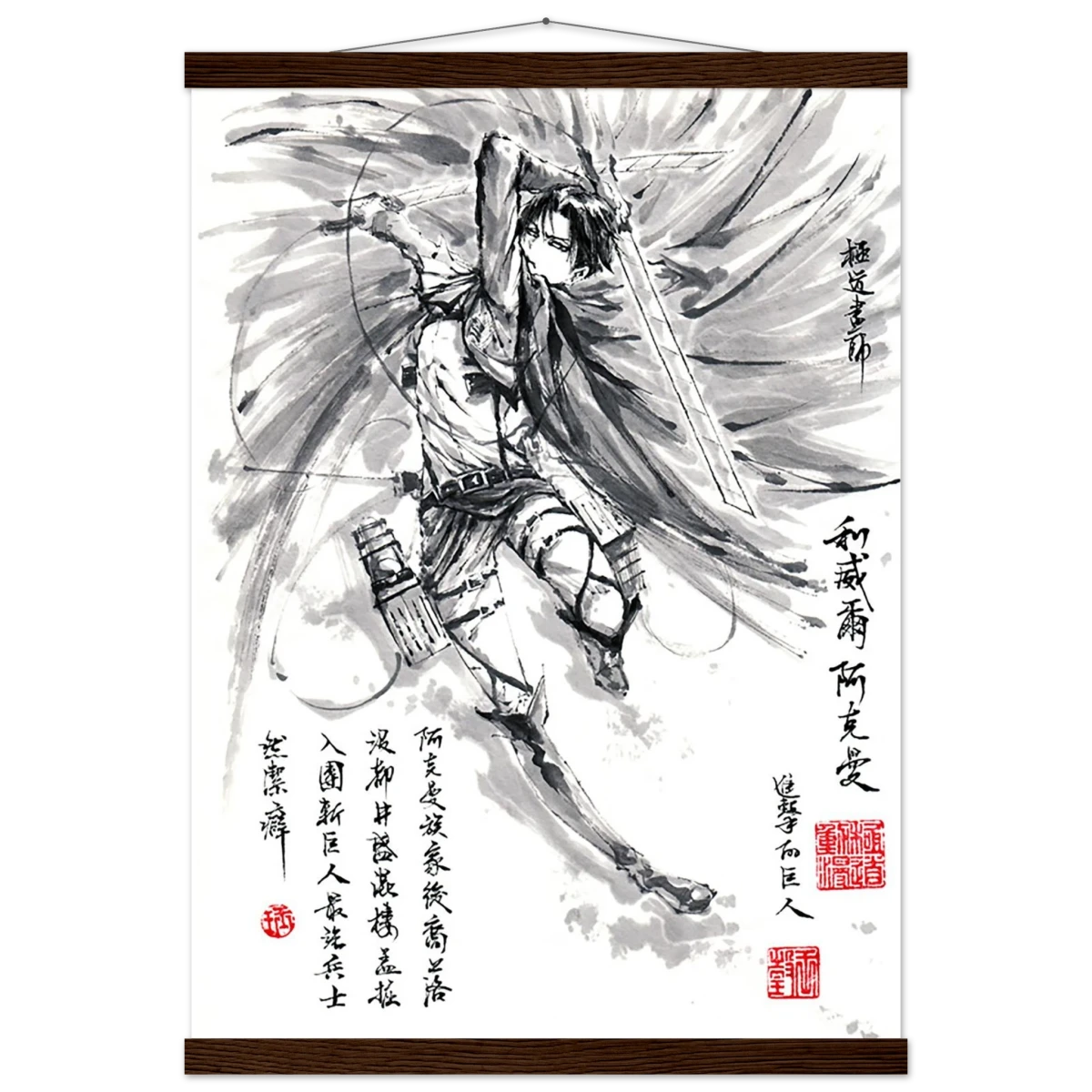 Levi Ackerman Sumi-e Poster 1- L’Attaque des Titans-Avec Baguettes De Suspension