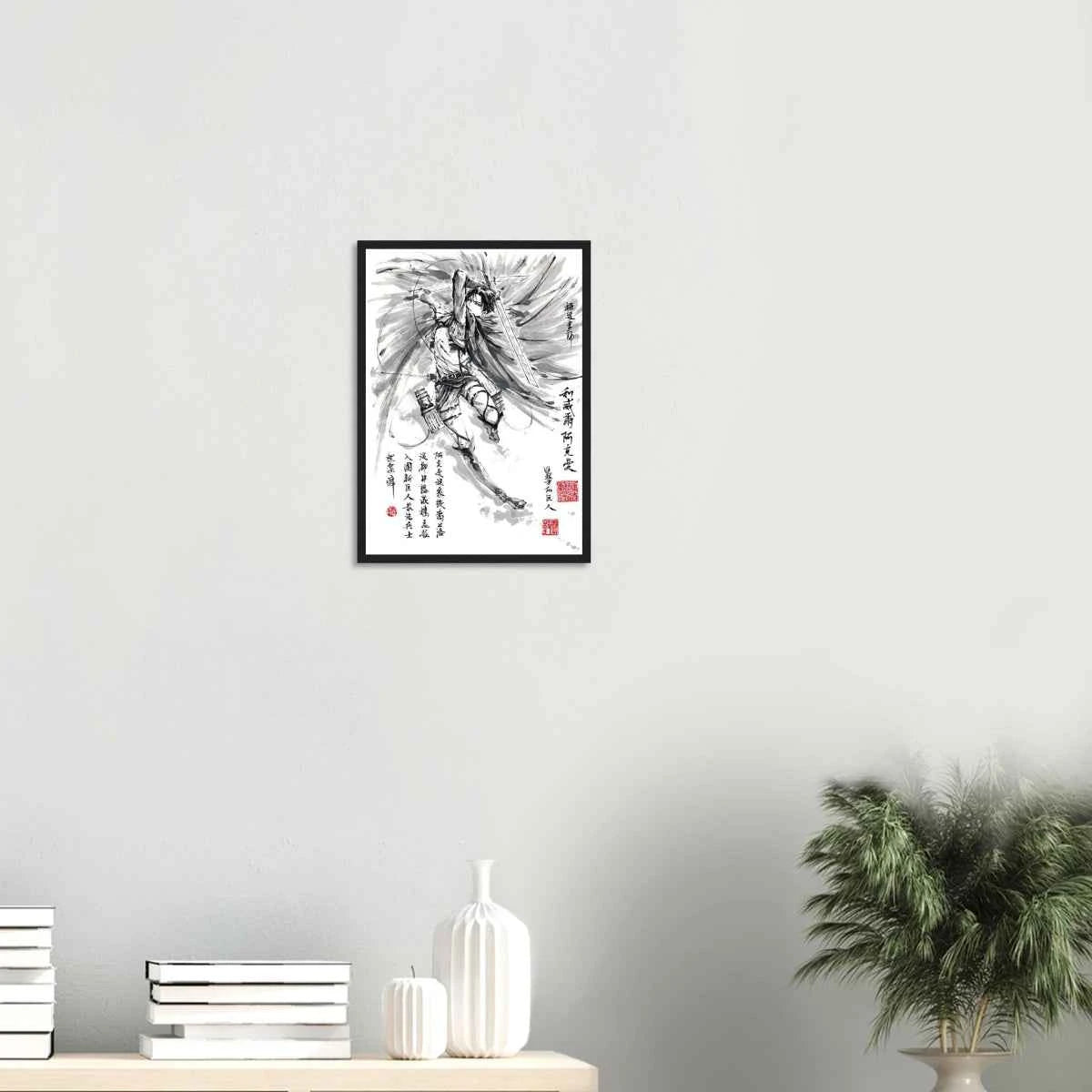 Levi Ackerman Sumi-e Poster 1- L’Attaque des Titans- Avec Cadre En Bois