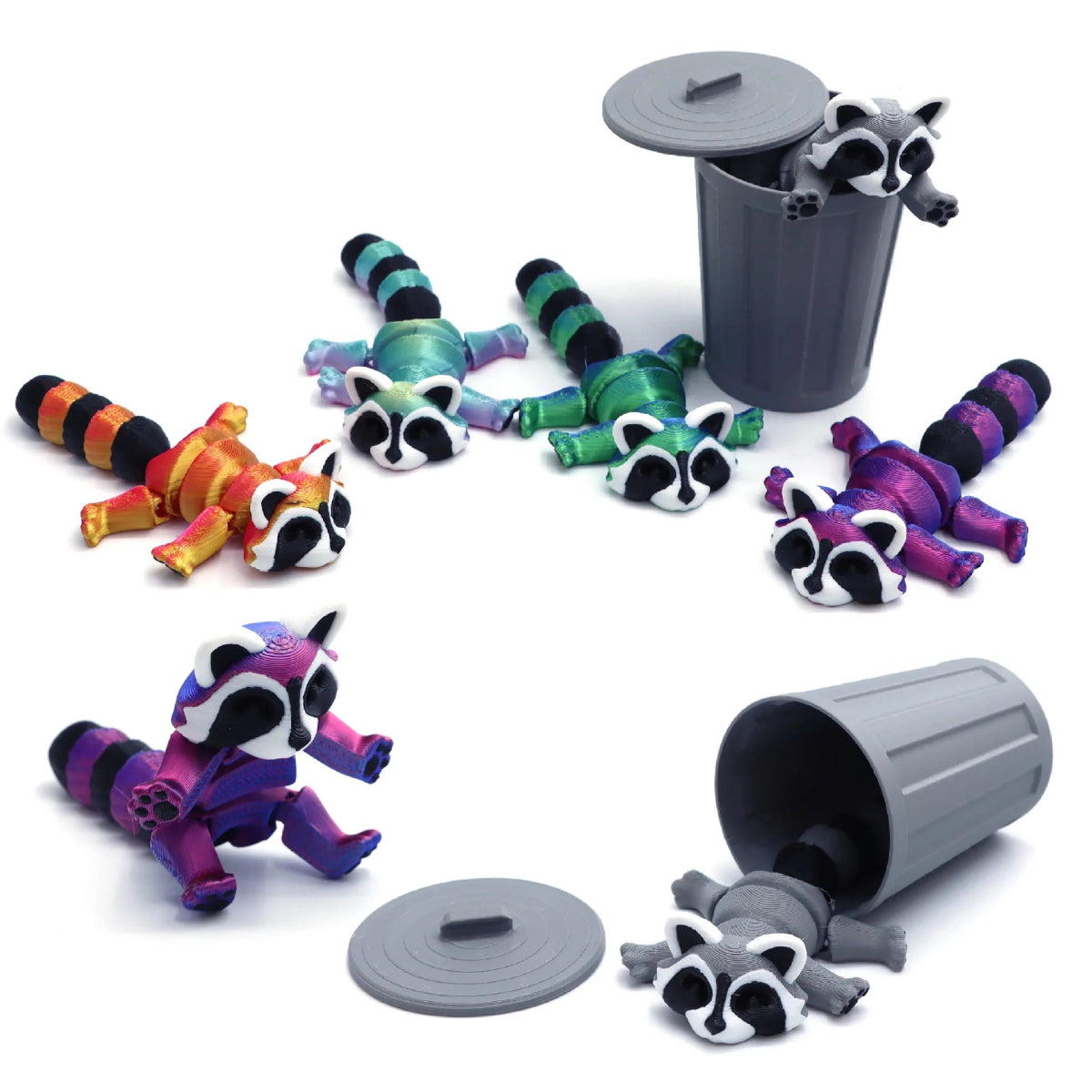 Set « Raton Laveur & Poubelle » Articulé Imprimé en 3D | Jouet Anti - Stress et Décoration Écologique - Cadeau Jouet 3D - KAWAII FAVIE