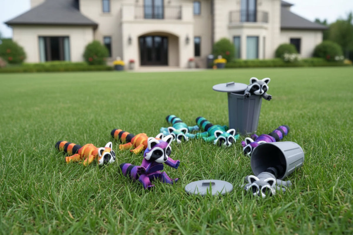 Set « Raton Laveur & Poubelle » Articulé Imprimé en 3D | Jouet Anti - Stress et Décoration Écologique - Cadeau Jouet 3D - KAWAII FAVIE