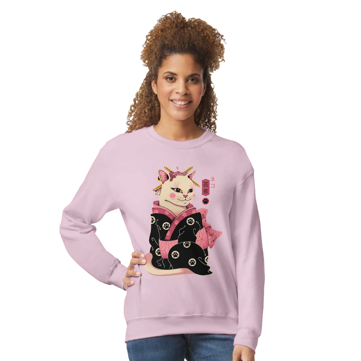 Sweat-shirt à Col Rond Femme Lavande | Chat Geisha en Kimono - Design Japonais Sweat-shirt - KAWAII FAVIE