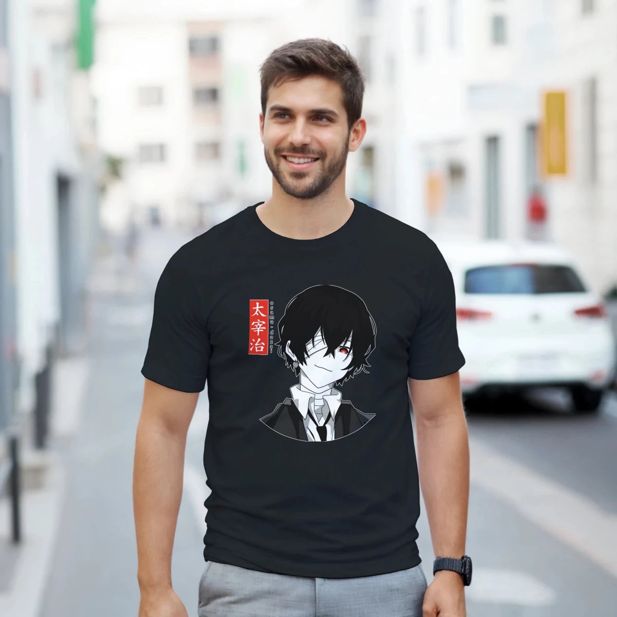 T-shirt 100% Coton Noir - Dazai Osamu (Bungo Stray Dogs) Style Anime Red Eyes T-shirt - KAWAII FAVIE