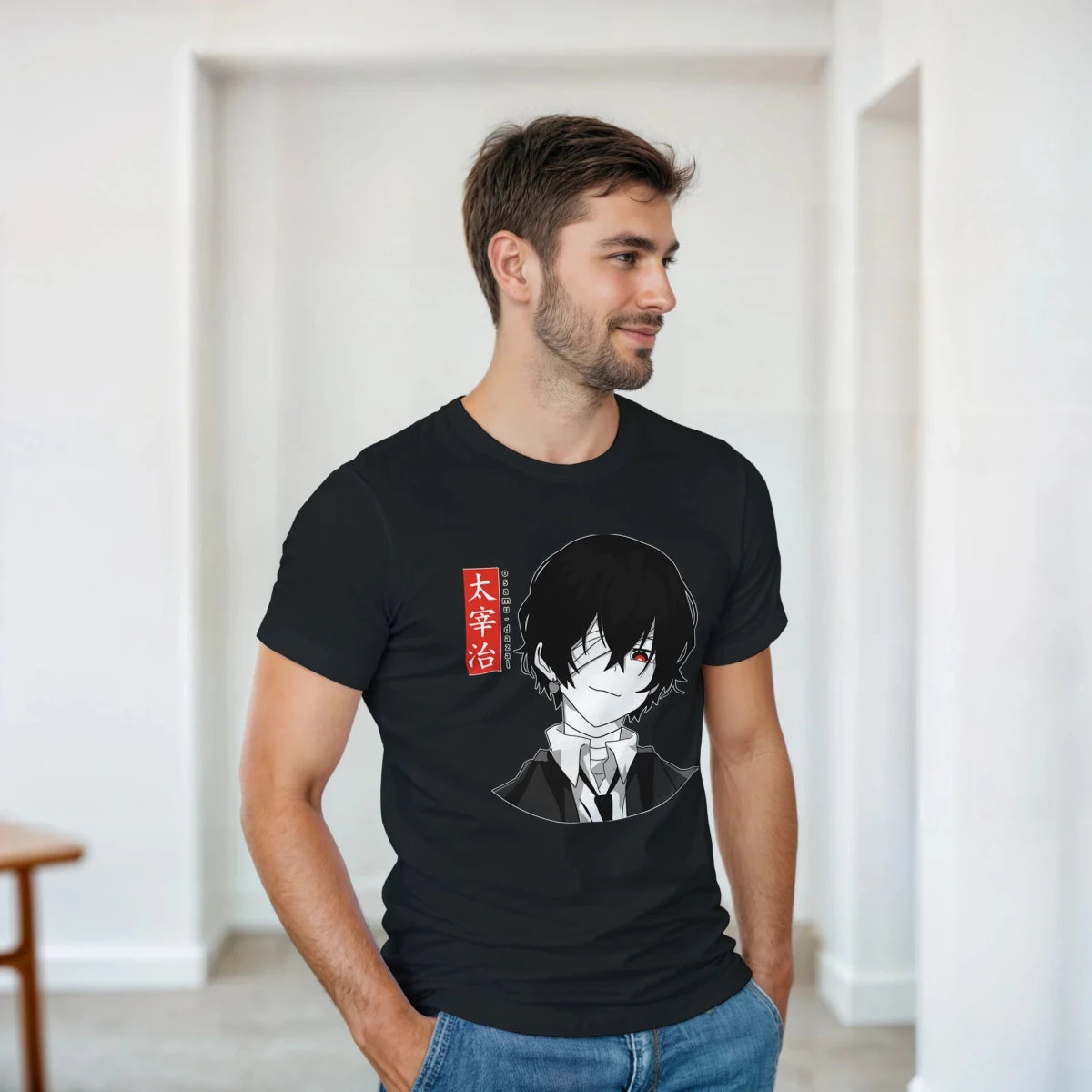 T-shirt 100% Coton Noir - Dazai Osamu (Bungo Stray Dogs) Style Anime Red Eyes T-shirt - KAWAII FAVIE