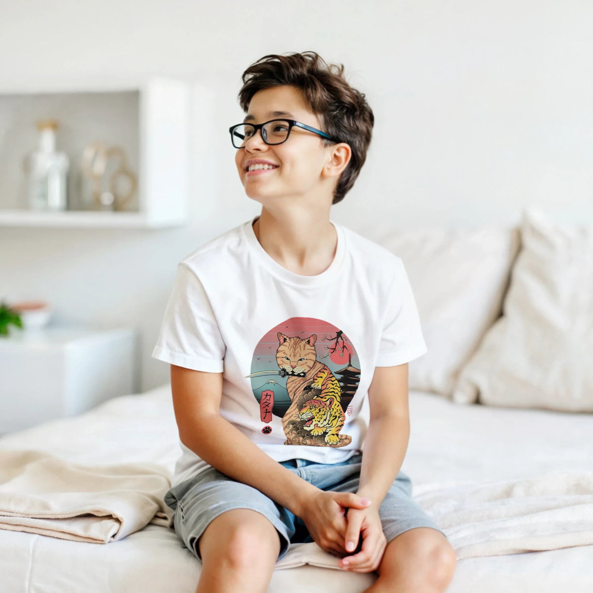 T-shirt à col rond classique pour enfants | Collection Chat & Tigre Samouraï | Style Japonais T-shirt - KAWAII FAVIE