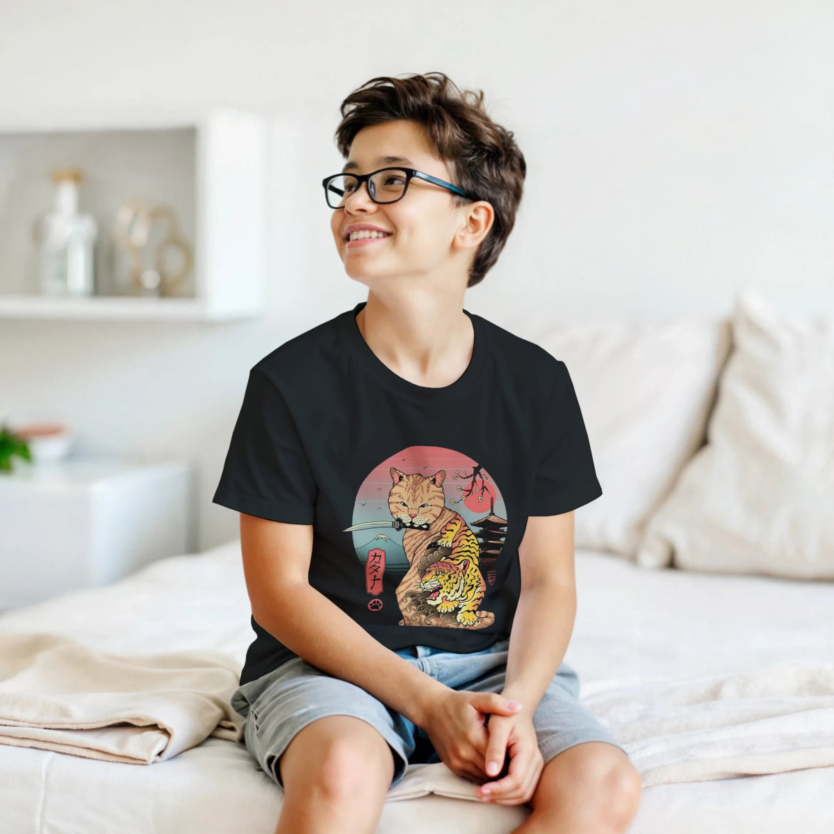 T-shirt à col rond classique pour enfants | Collection Chat & Tigre Samouraï | Style Japonais T-shirt - KAWAII FAVIE