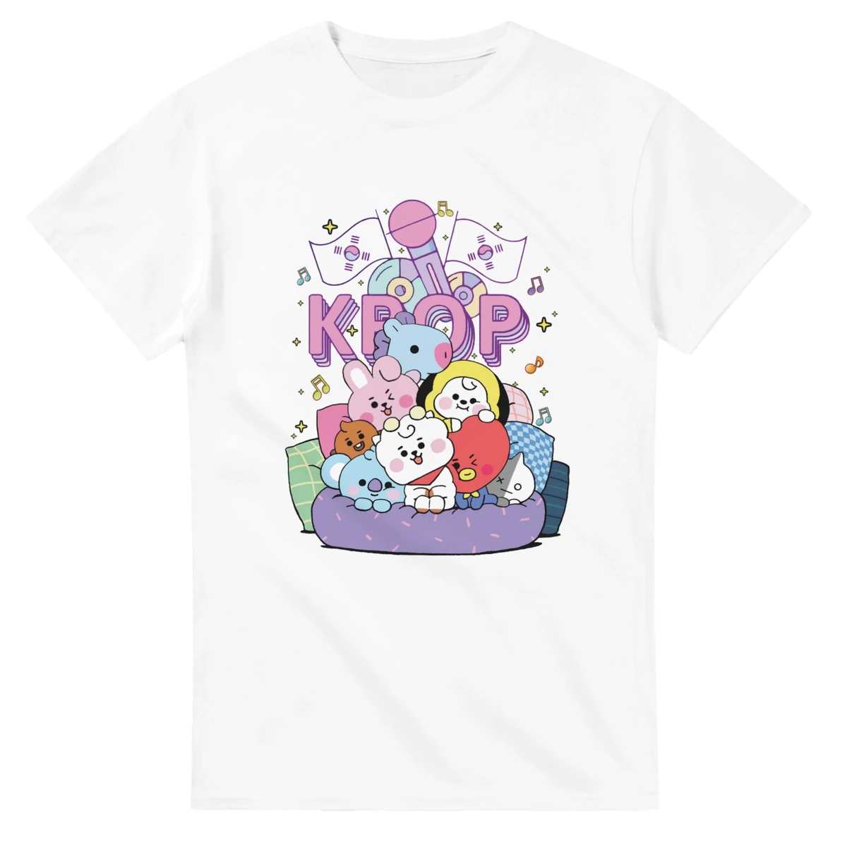 T-shirt BTS BT21 K - POP - Design Doodle Mignon avec Microphone et Drapeaux T-shirt - KAWAII FAVIE