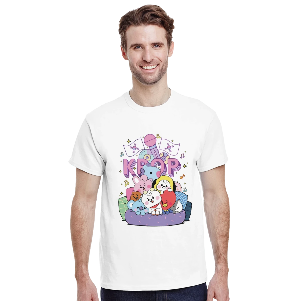 T-shirt BTS BT21 K - POP - Design Doodle Mignon avec Microphone et Drapeaux T-shirt - KAWAII FAVIE