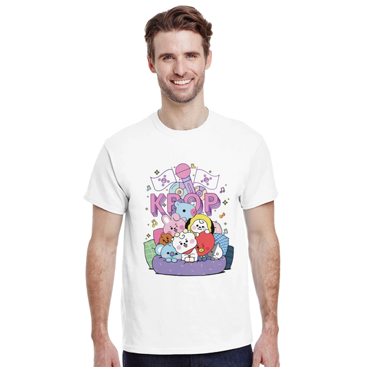 T-shirt BTS BT21 K - POP - Design Doodle Mignon avec Microphone et Drapeaux T-shirt - KAWAII FAVIE