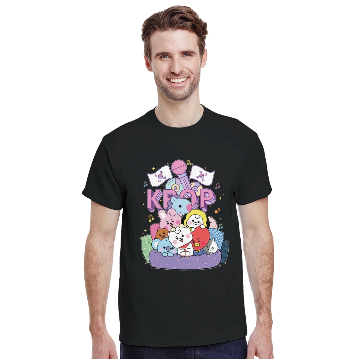 T-shirt BTS BT21 K - POP - Design Doodle Mignon avec Microphone et Drapeaux T-shirt - KAWAII FAVIE