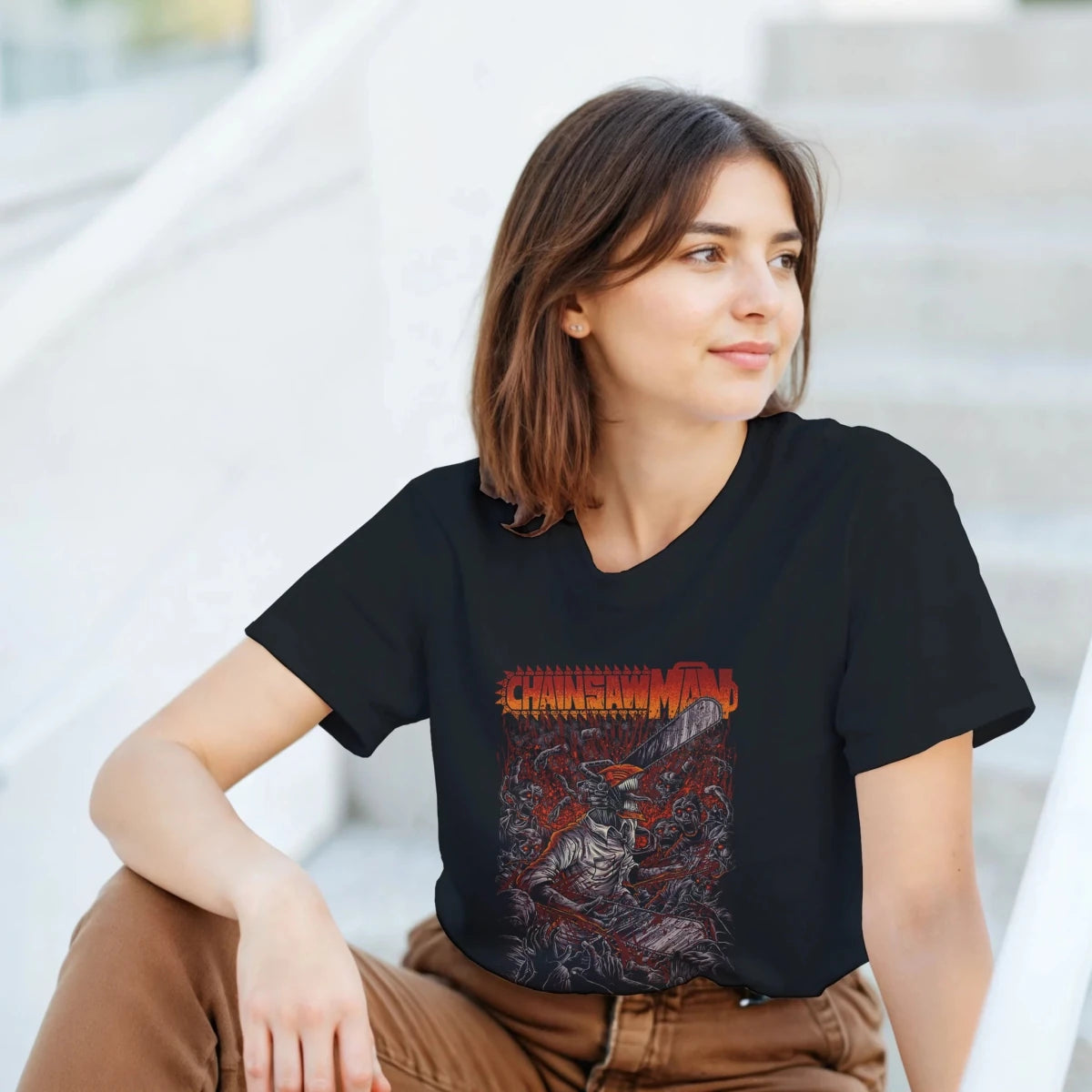 T-shirt Chainsaw Man Blood Splatter - 100% Coton - Style Streetwear Anime - Disponible en vert forêt et noir T-shirt - KAWAII FAVIE